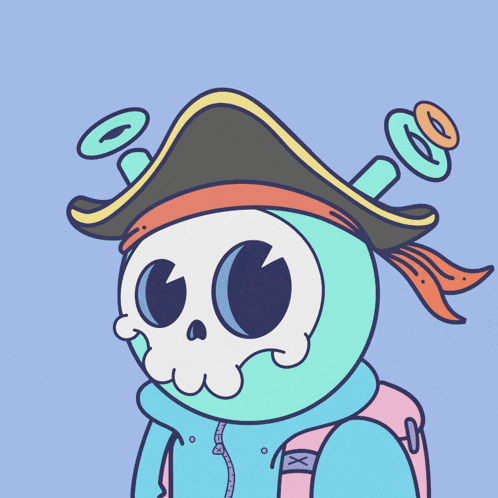 a cartoon drawing of a skull wearing a hat and a backpack
