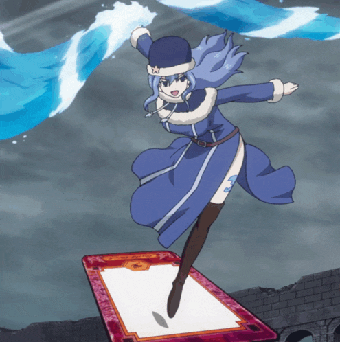 a girl in a blue coat and hat is standing on a piece of paper