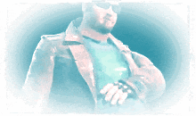 a man wearing sunglasses and a leather jacket is standing in a dark room