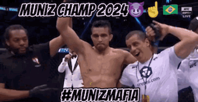 a man is standing in front of a crowd with the words munz champ 2024 written on it