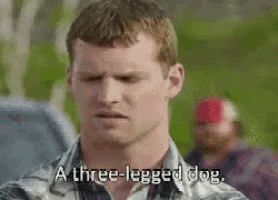 a man in a plaid shirt says a three legged dog
