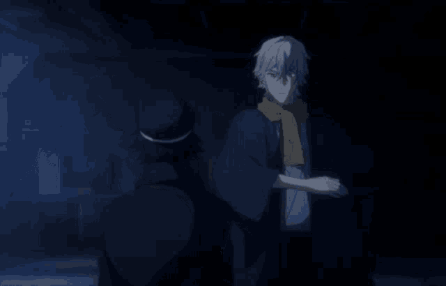 a man in a kimono is reaching out to another man in a dark room