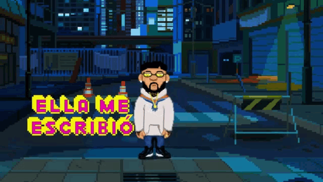 a pixel art drawing of a man standing on a street with the words ella me escribio above him