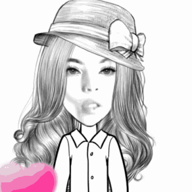 a drawing of a girl wearing a hat making a heart shape with her hands