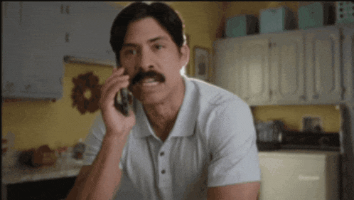 a man with a mustache is talking on a cell phone in a kitchen