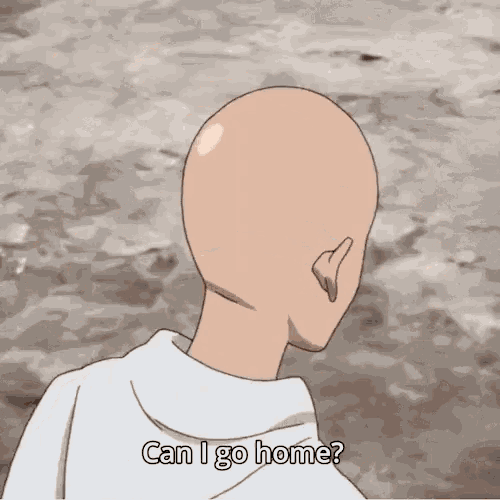 a bald man with the words can i go home written on his back