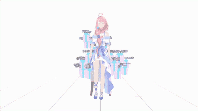 a girl in a blue dress is standing in front of a colorful background