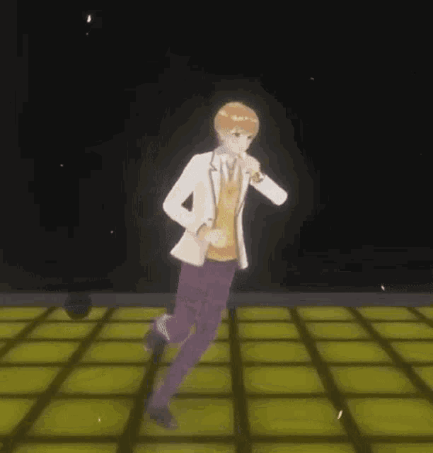a man in a suit is dancing on a dance floor while holding a microphone .