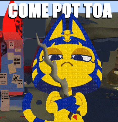 a picture of a cat with the words come pot toa written on it