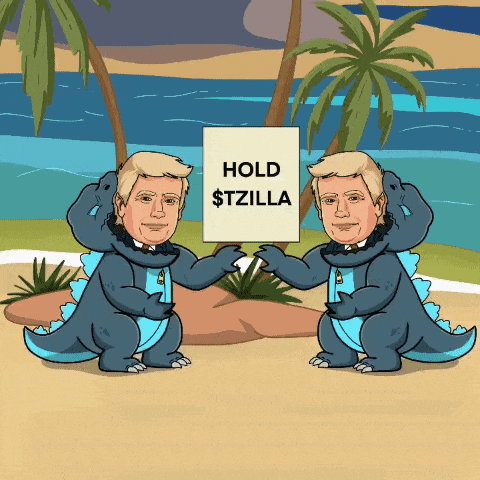 a cartoon of two men dressed as dinosaurs holding a sign that says hold $ tzilla