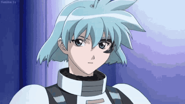 a close up of a blue haired anime character with 9anime.to written on the bottom