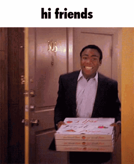 a man in a suit is carrying a stack of pizza boxes and the words hi friends above him