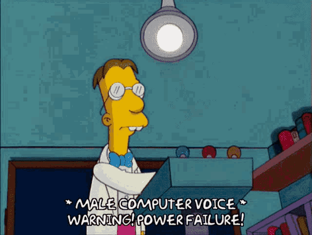 a cartoon of a man giving a speech with the words male computer voice warning power failure