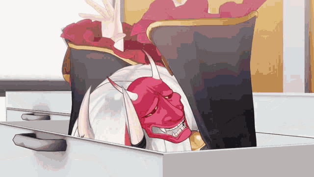 a cartoon drawing of a woman with a red mask on her head