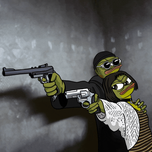 a cartoon of a frog holding a gun next to a woman