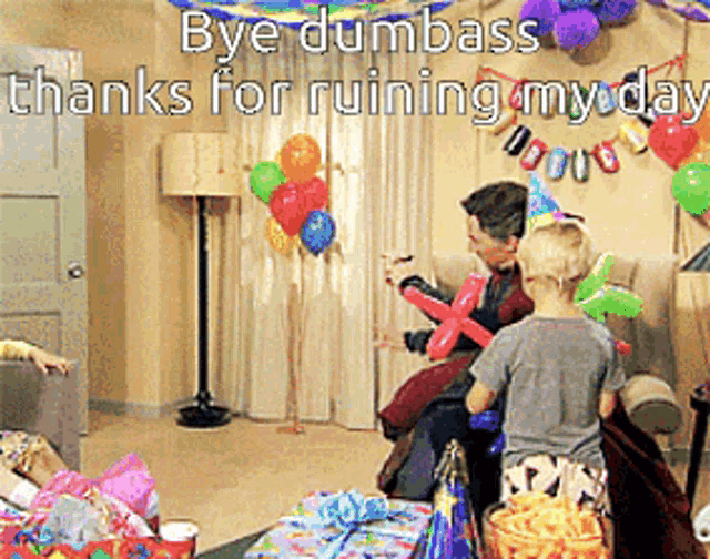a group of people are sitting in a living room with balloons and a sign that says bye dumbass