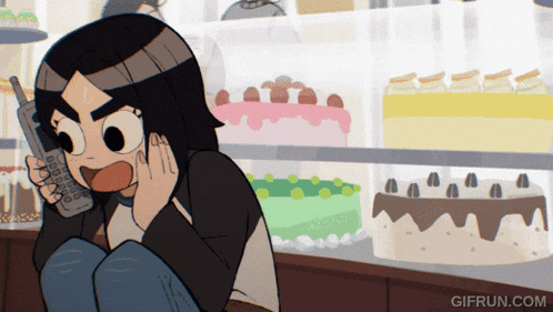 a cartoon of a girl talking on a cell phone in front of cakes