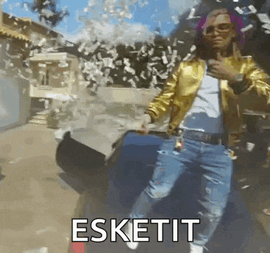 a man in a gold jacket is standing in front of a car with money falling from the sky .