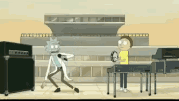 a cartoon of rick and morty playing instruments