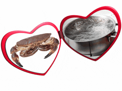 a picture of a crab and a picture of a pot of boiling water