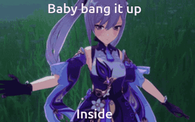 a picture of a girl in a video game with the words baby bang it up inside