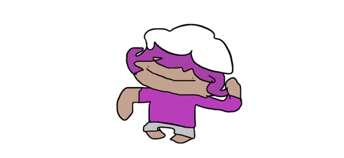 a cartoon character is wearing a purple shirt and a white hat
