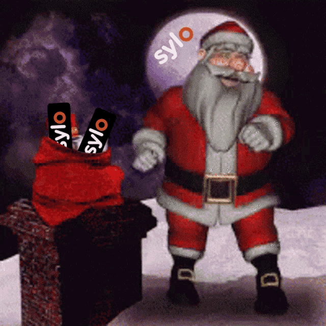 a cartoon of santa claus with a bag of sylo phones in front of him