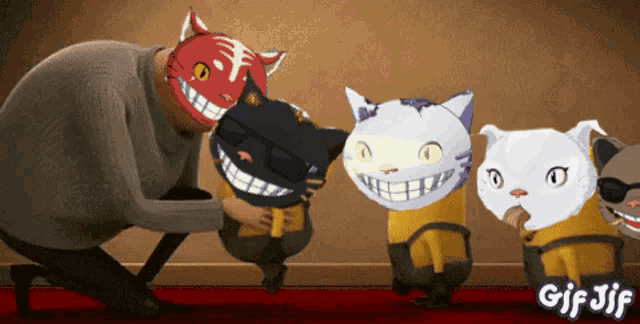 a gif of a man petting three cartoon cats with gif jif in the corner