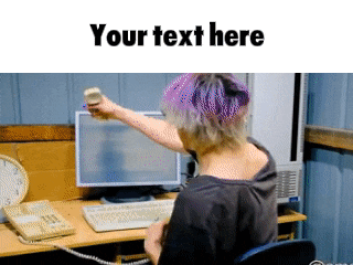 a woman with purple hair is sitting at a desk in front of a computer with the text your text here below her