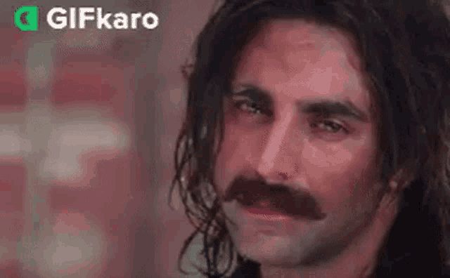 a close up of a man with a mustache and long hair .