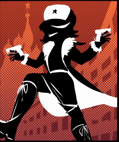 a silhouette of a person holding two guns with an x on their hat