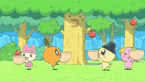 a group of cartoon characters are standing around a tree holding bowls of food .