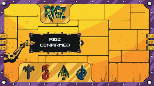a sign that says rigz confirmed is on a purple and yellow background
