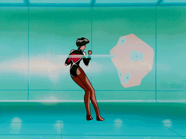 a cartoon character is standing in front of a shield