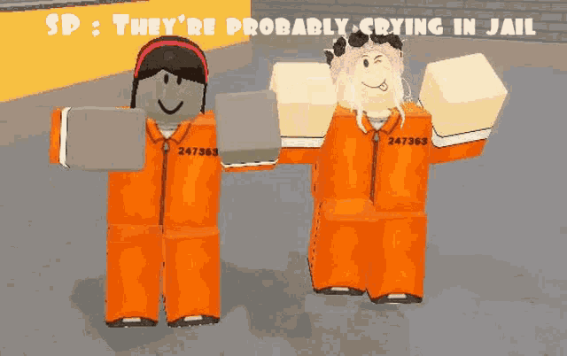 two roblox characters in orange jumpsuits are standing next to each other and they are probably crying in jail .