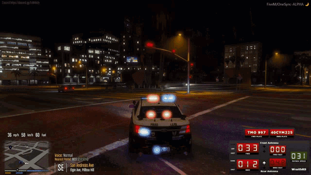 a video game screen shows a police car driving down a city street