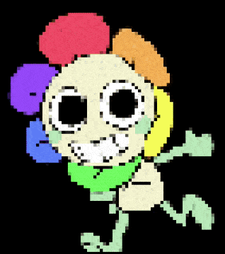 a pixel art drawing of a skeleton with a rainbow flower on its head