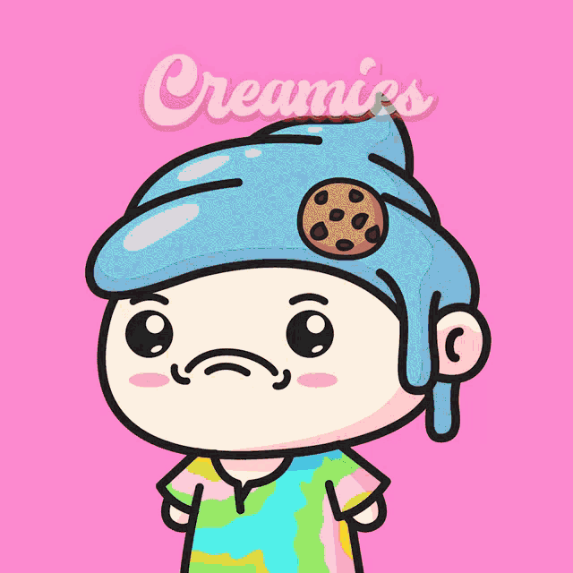 a cartoon character with a red hat and the word creamies above him