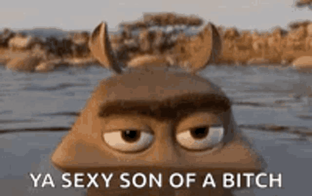 a cartoon character with horns is swimming in the water .
