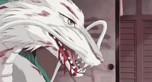 a cartoon drawing of a white wolf with blood coming out of its mouth and teeth .