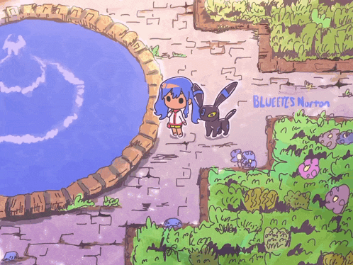 a drawing of a girl standing next to a black eevee and the words blueeyes norton on the bottom