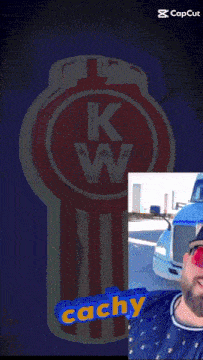 a red and white kenworth logo with the word cachy underneath it