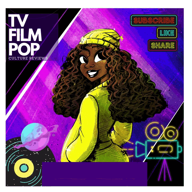 a poster for tv film pop culture reviews with a cartoon girl