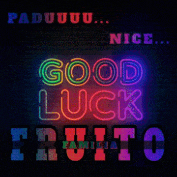 a neon sign that says " good luck fruito "