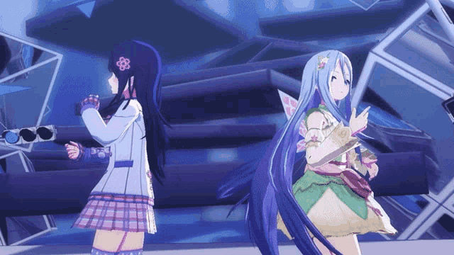 two anime girls are standing next to each other in a room