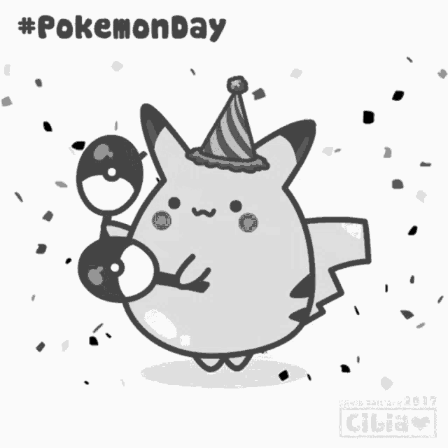 a black and white drawing of a pikachu wearing a party hat and holding two pokemon