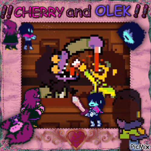 a pixel art of cherry and olek with a pink background