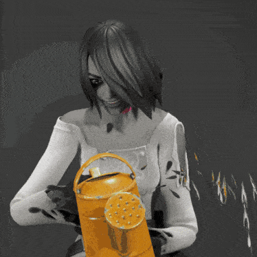 a woman is holding a yellow watering can with holes in it