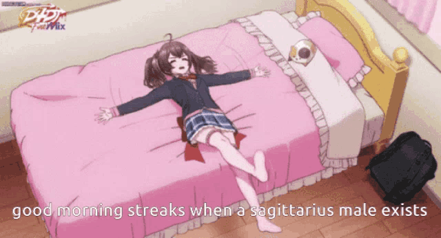 a girl is laying on a bed with the words " good morning streaks when a sagittarius male exists " below her