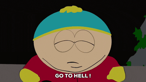 a cartoon character with the words go to hell written below him